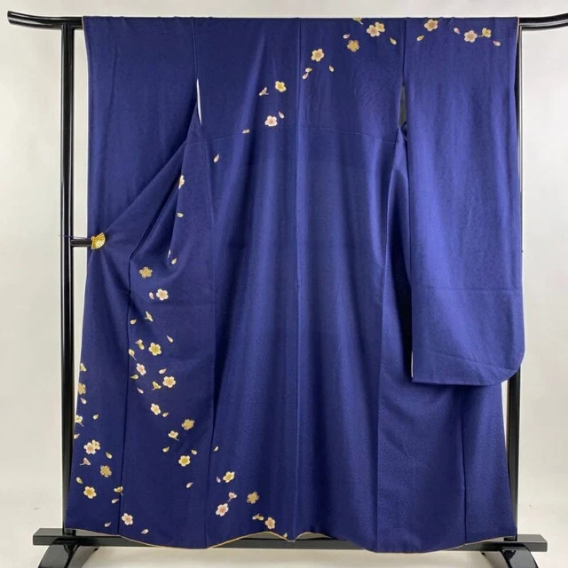 Japanese Kimono Furisode Pure Silk Cherry Blossom Petals Navy Blue Color