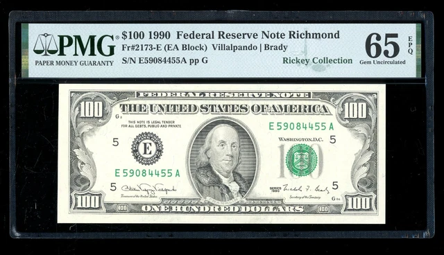 DBR 1990 $100 FRN Gem Richmond Fr. 2173-E PMG 65 EPQ Serial E59084455A