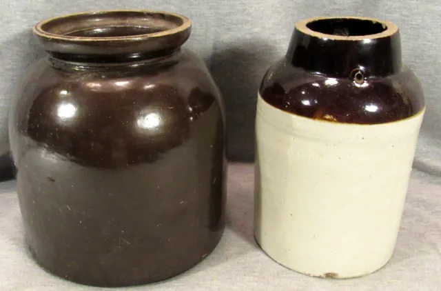 Lot Of Two Vintage Hand Made Unique Stoneware Pots Glaze Painted One With Slots