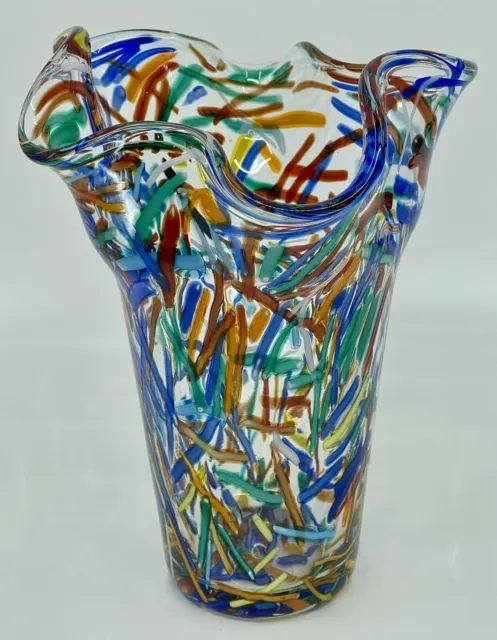 Colorful Confetti Hand Blown Ruffle Top Studio Art Glass Vase 8”