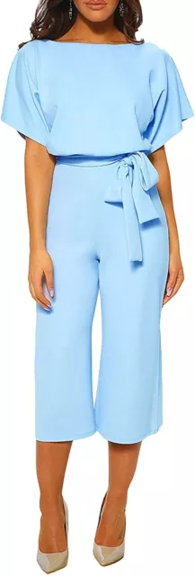 Women's Short Sleeve Bow Tie Wide Leg Cropped Capri Romper Palazzo Jumpsuit