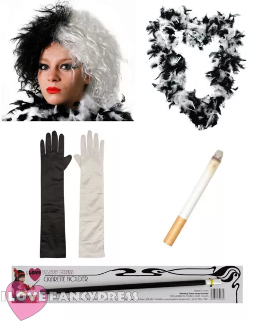 5 Pc Cruella Kit Wig Gloves Feather Boa Fake Cigarette & Holder Fancy Dress Set