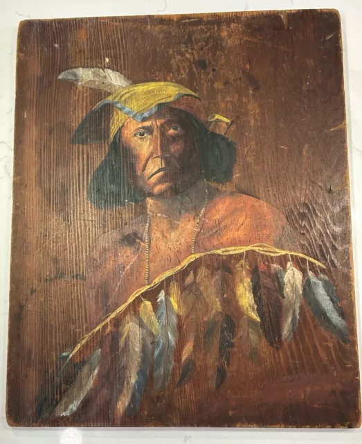 Antique Native American Indian Painting Portrait On Board Early Mid 19th Century