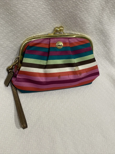 COACH Striped Kisslock Framed Wristlet White Brown Pink Coin Wallet Clutch