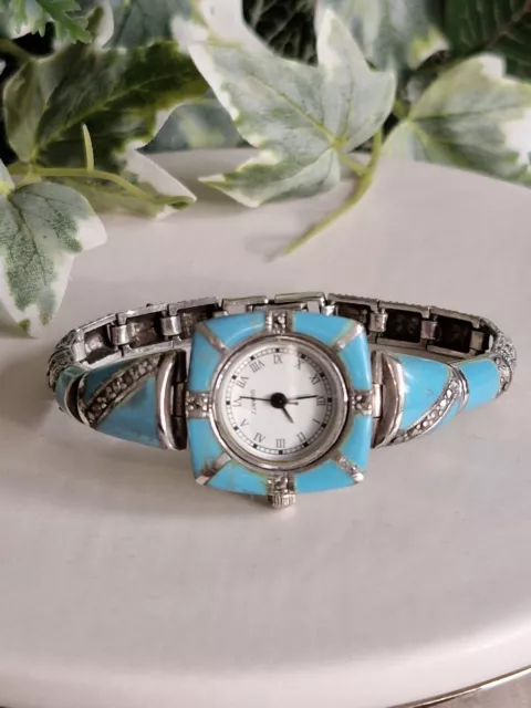 Gorgeous Vintage Sterling Silver, Turquoise & Marcasite Ladies Bracelet Watch!!