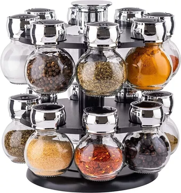 16 Jar Revolving Spice Rack with Glass Bottles