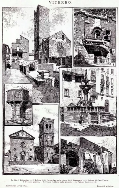 Viterbo in sintesi. Grande veduta. Stampa antica di 120 anni + passepartout.1901