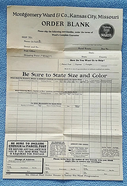 VINTAGE CIRCA 1920'S? Montgomery Ward blank order form catalog page ...