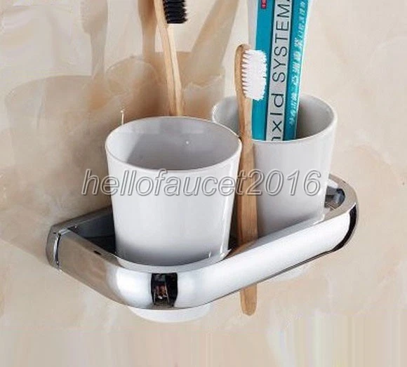 Chrome Brass Double Ceramic Cup Toothbrush Holder Bathroom Accessories Lba836