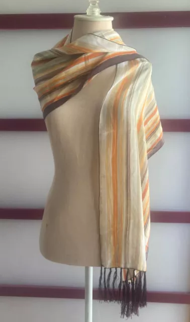 Vintage Talbots Long Silk Orange, Olive Brown, & Yellow Silk Scarf W/Fringe