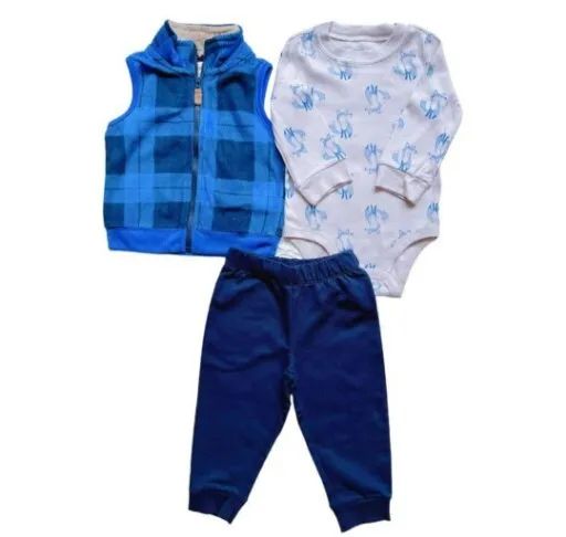 New Carters Baby Boys 3 Piece Set Blue Plaid Vest Fox Bodysuit Pants Size 9M