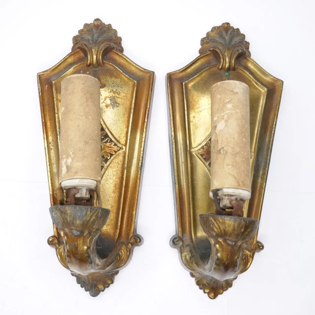 Antique Vintage Art Deco Cast Metal Wall Light Sconces Ornate Fixtures PAIR