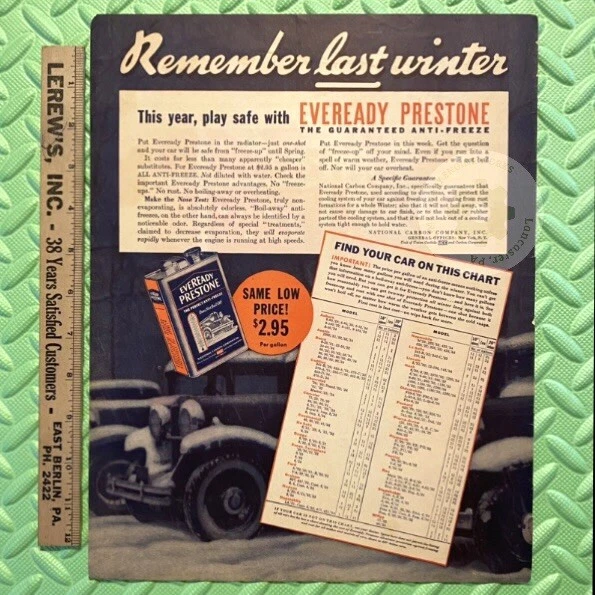 LARGE ORIGINAL 1934 EVEREADY PRESTONE Antifreeze Print Ad. 13.5 X 10.5 ...