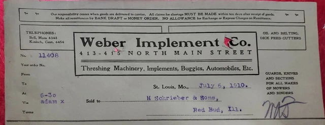 Ephemera Letterhead Billhead  WEBER IMPLEMENTS CO  BUGGIES AUTOMOBILES 1910
