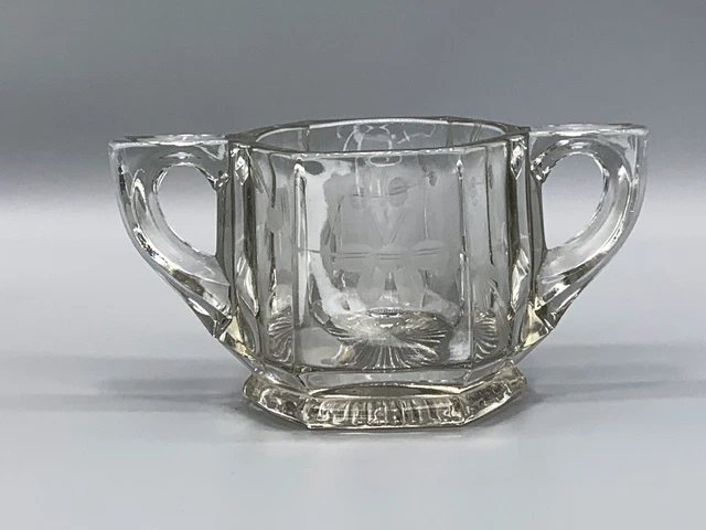 Vintage Sugar Bowl Hexagon Etched Flower Clear Pressed Glass Bottom