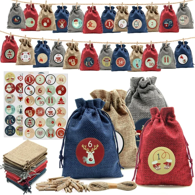 Calendrier De L'Avent 2025 à Remplir - 24 Sacs En Toile De Jute 13x18cm Et 10x15cm Avec Corde, Pinces, Étiquettes