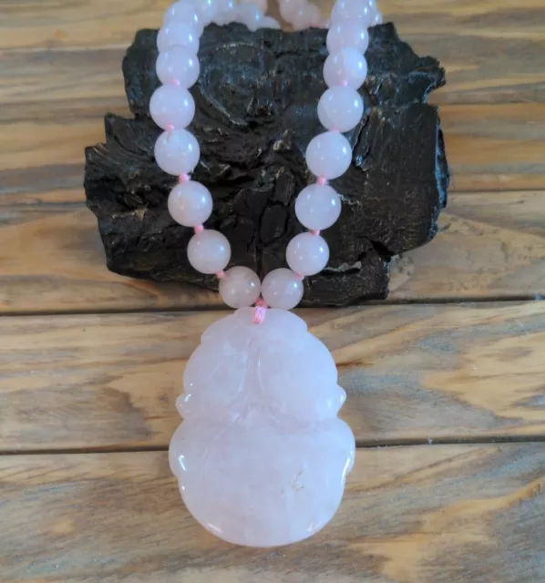 Vintage Chinese Export Rose Quartz Beaded Necklace with Large Carved Pendant