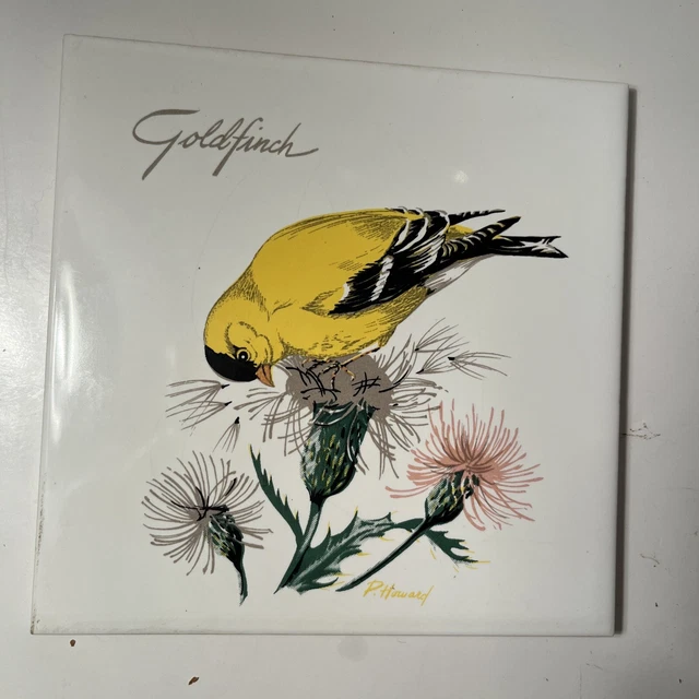 GOLDFINCH TILE Screencraft Hand Decorated USA 6"X6" CORK BK W/BOX