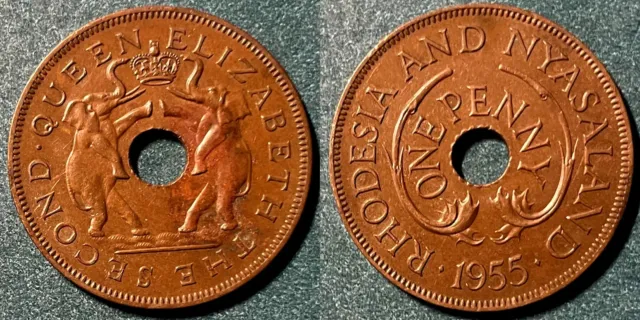 Rhodesia and Nyasaland 1955 1 Penny - Elizabeth II Die 1 KM2 Bronze aUNC #87