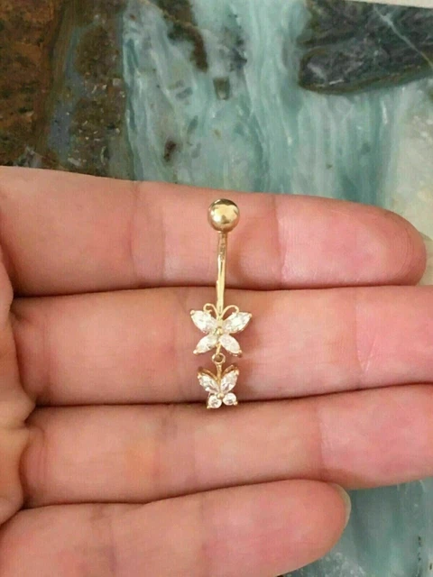 14K Yellow Gold Plated 2CT Butterfly Dangle Belly Button Ring Piercing Jewelry
