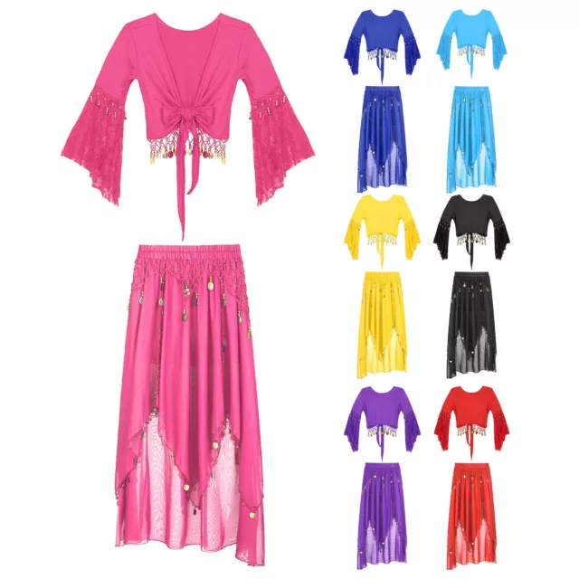 Women's Crop Top With Skirt 3/4 Flare Sleeve Belly Dance Outfit Tassel Lace-up