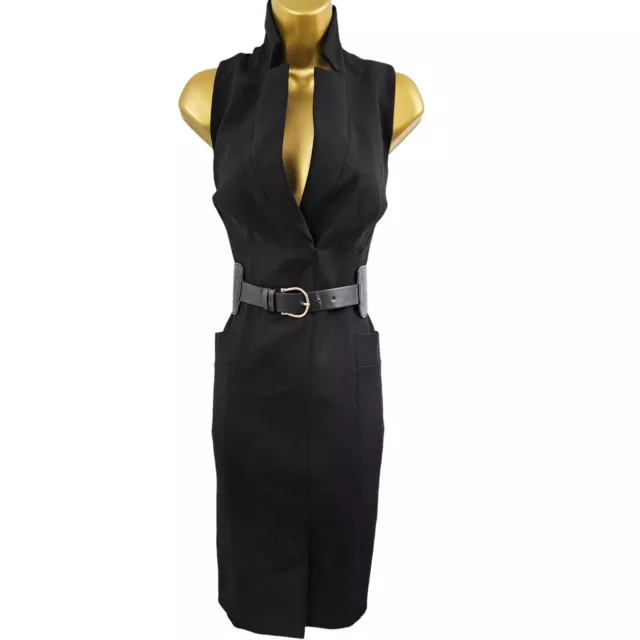 10 Uk Karen Millen Black Forever Belted Short Pencil Dress Work Office