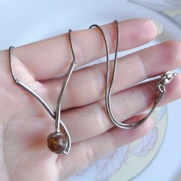 Collier Ancien En Ambre Véritable Et Argent Massif 925 - Bijou Vintage - Occasion