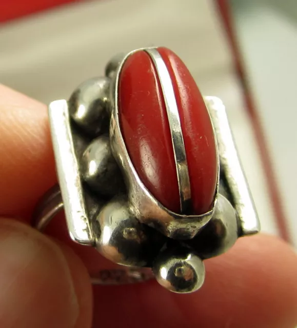 Estate Vintage Stunning Bold Sterling Silver Bright Red Coral Dome Size 5 Ring