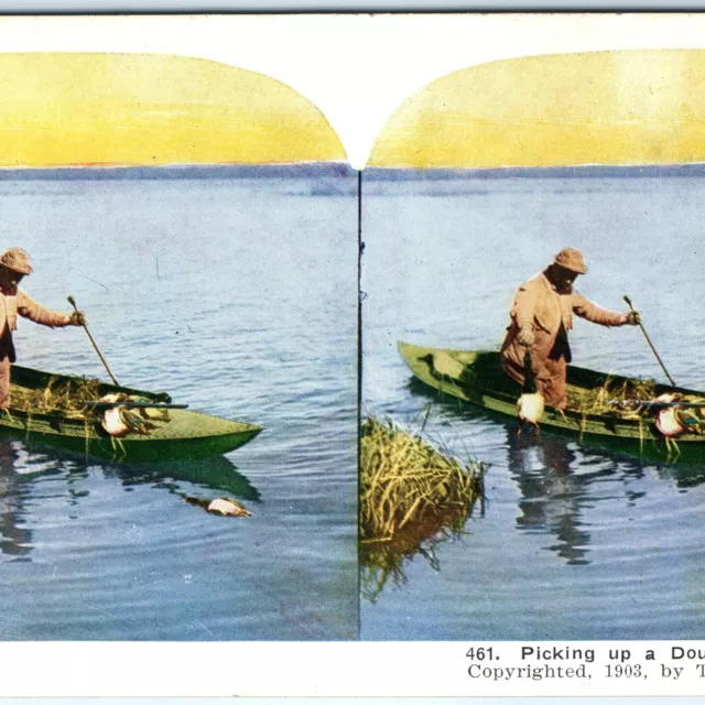 1903 Picking Up a Double Duck Hunter Man in Kayak Boat Gun Shoot Stereo Card V19