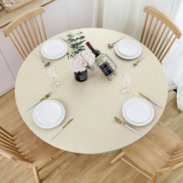 Round Fitted Vinyl Tablecloth with Elastic Edge 100% Waterproof Oil Pr...