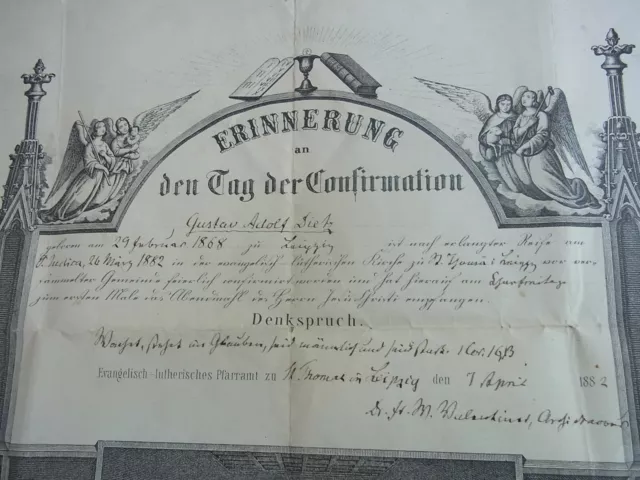 St.Thomas Church Leipzig: Certificate Confirmation 1882, F.W.Valentiner for