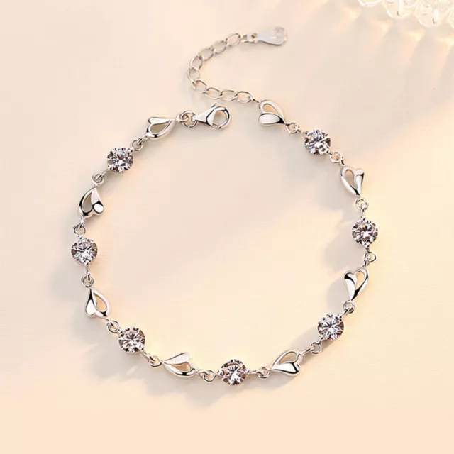 Blue Crystal Heart Chain 925 Sterling Silver Bracelet Womens Fashion Jewelry