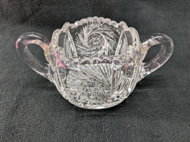 Vintage Crystal American Brilliant Cut Glass Sugar Bowl with Handles Heavy 2