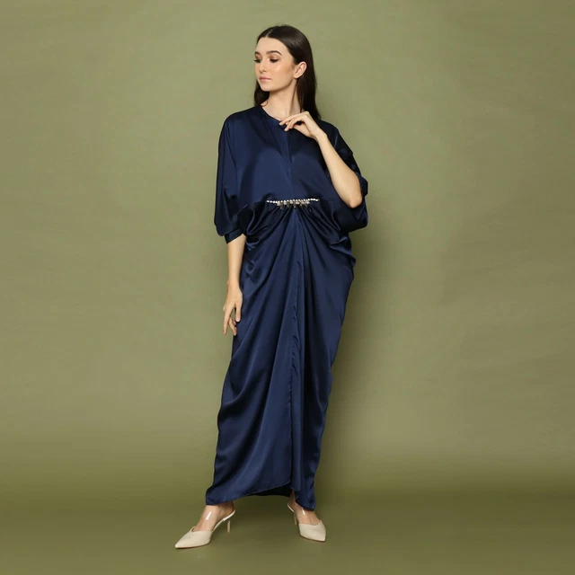 Navy Blue Color loose dresses Women Moroccan Kaftan Maxi Dress