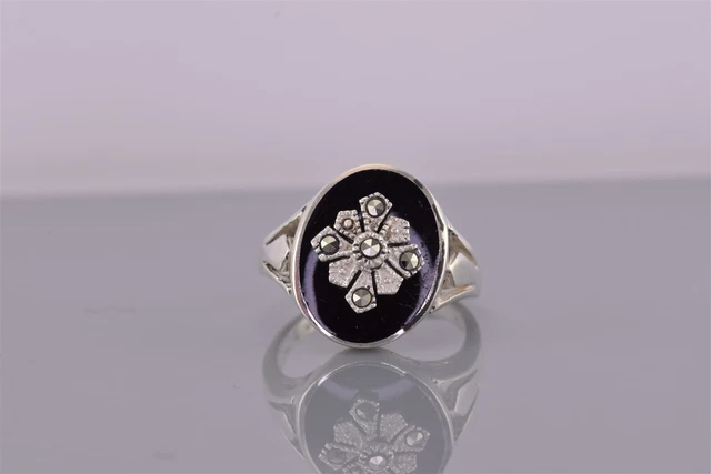 Sterling Silver Oval Black Onyx Marcasite Burst Band Ring 925 Sz: 6