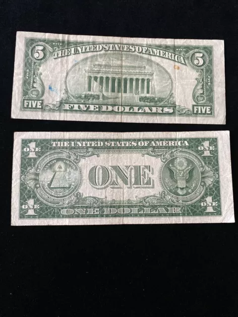 ✯RARE✯ Lot Pair $1 1935-1957, $5 1934 Blue Seal Silver Certificate Note Old Bill 5