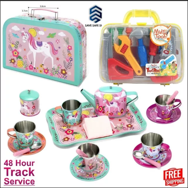 Kinder Teekanne Tee Party Set 18-teilig Einhorn Metall Dose Tragetasche Spielzeug für Kinder