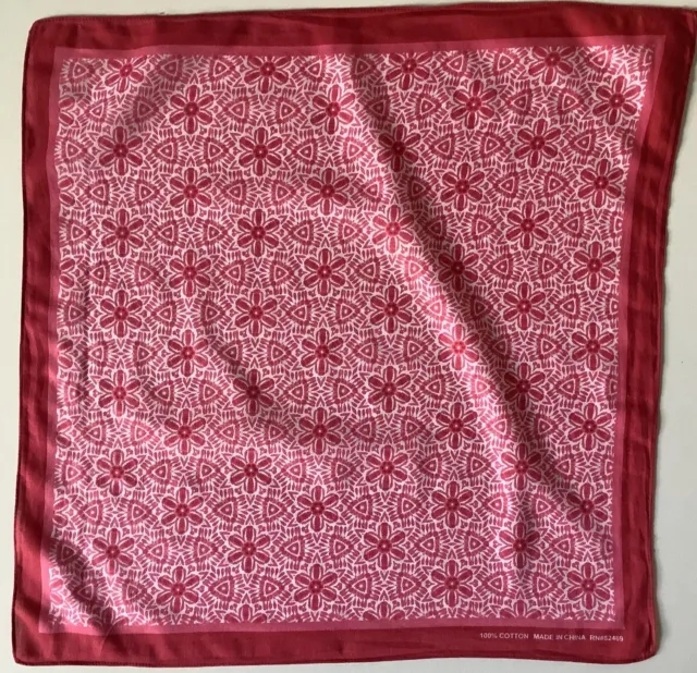 ^ A Pink Flower Design 21 Inch Square Vintage 100% Cotton Bandana Scarf