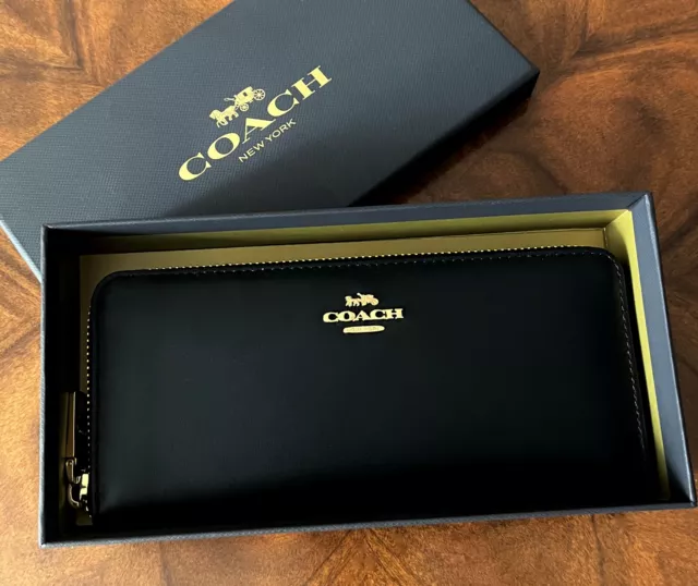 NWT Coach Black Smooth Leather Slim Zip Around Accordion Wallet In Gift Box $150