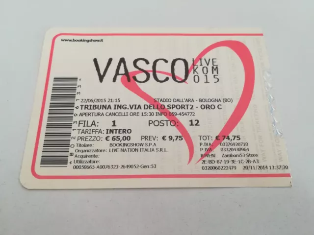 Biglietto Concerto Vasco Rossi Anno 2015 Stadio Dall'Ara Bologna da collezione 3