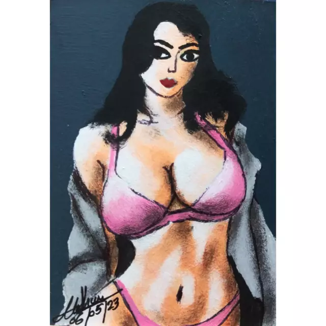 "Stripping" Girls Original ACEO Acrylic Hand Painted Signed OOAK Mini Art Card