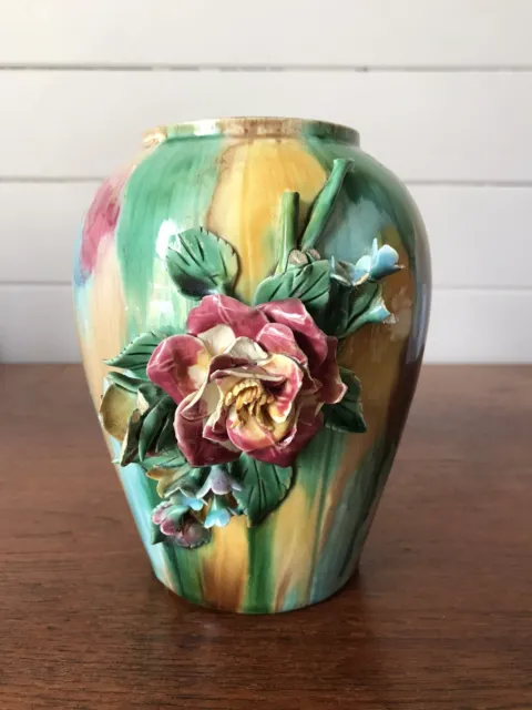 Vintage Australian Studio Pottery Majolica Vase Rose No Makers Mark