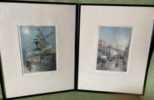 Pair of Original Signed Hand Coloured Etchings   European Scenes  Framed