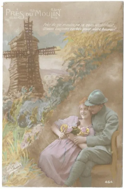 CPA Fantaisie "Près du Moulin" colorisée écrite en Avril 1918 collection Gloria