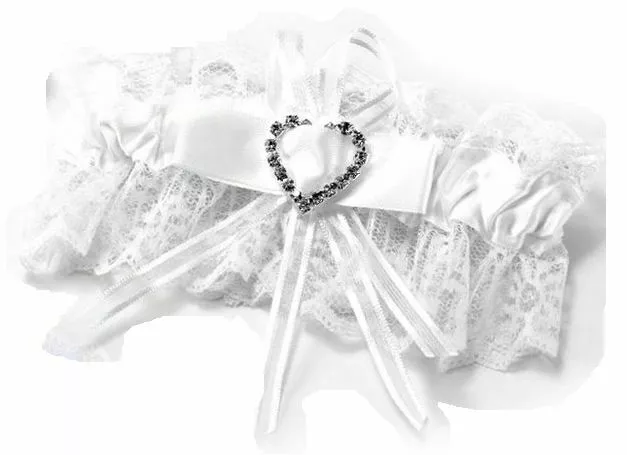 Bridal Wedding Garter Satin White Diamante Bow Heart Throw Keep Lace