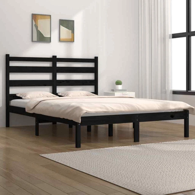 BLACK SOLID PINEWOOD Bed Frame 160x200 cm with Headboard, DIY Assembly