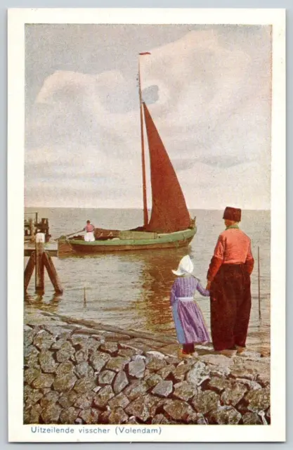 Postcard~ Fisherman sailing out of Volendam, Netherlands