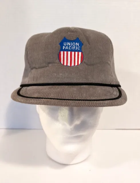 Vtg Union Pacific Railroad Embroidered Gray Corduroy Hat Cap Snapback USA