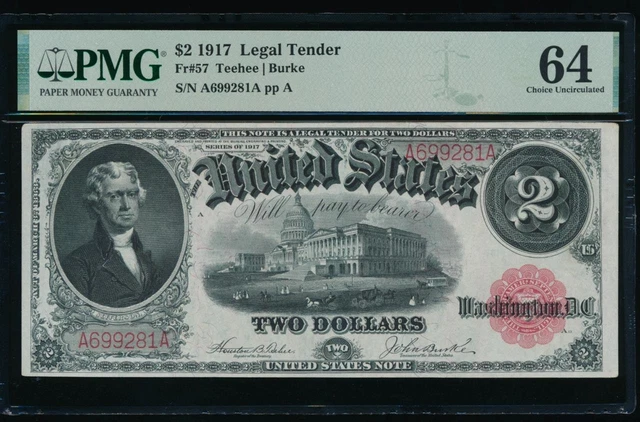 AC Fr 57 1917 $2 Legal Tender PMG 64 uncirculated !!