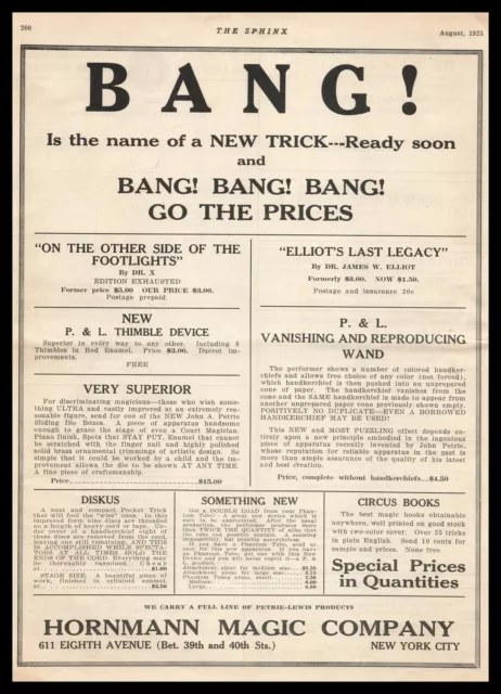 1925 Hornmann New York City "Bang!" Magic Trick & Circus Books Vintage Print Ad